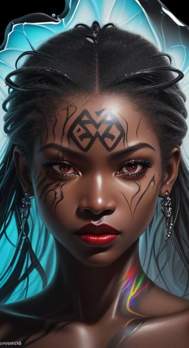Hyperrealistic Close-Up: Red Lips and African Tattoos