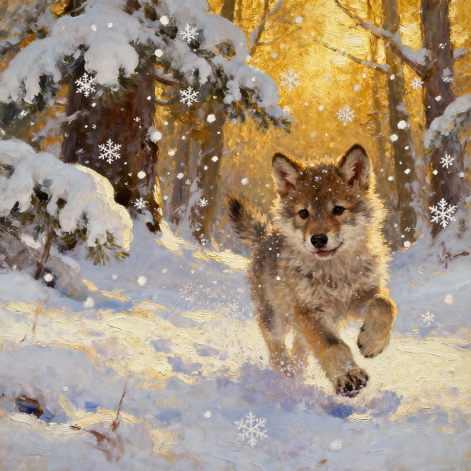 Fluffy Wolf Cub in Snowy Forest Oil Painting
