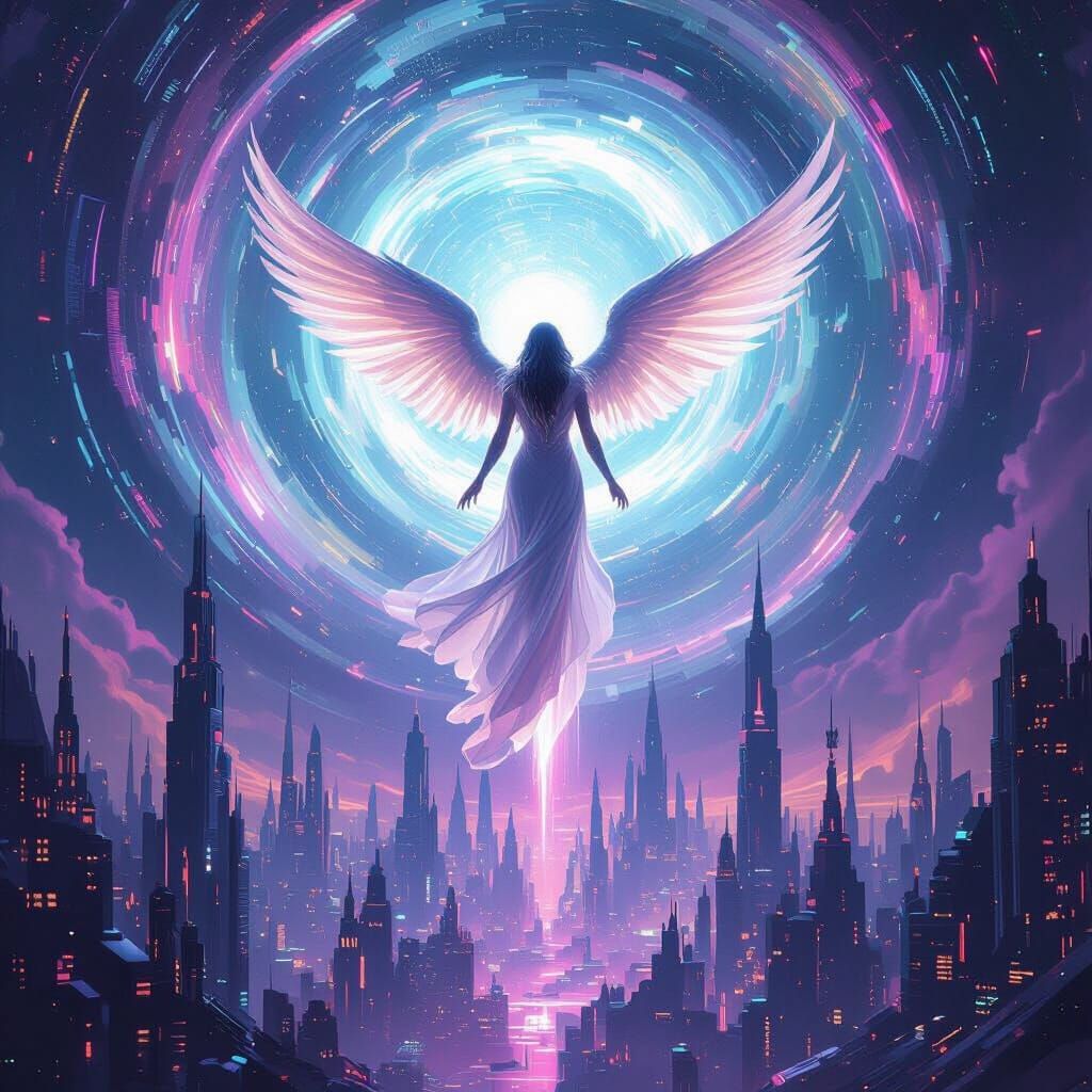Angel Descends on Alien Metropolis in Digital Art Style