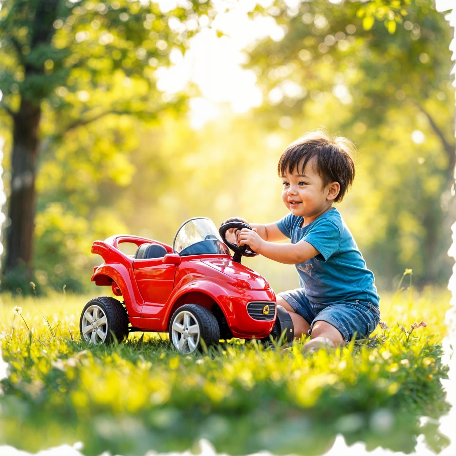 Asian Toddler Boy Plays in Sunny Park in Painterly Style