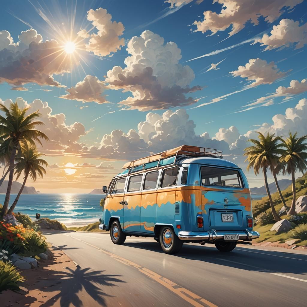 Vibrant Campervan on Sunny Seaside Road: Fantasy Concept Art
