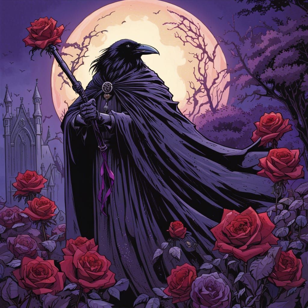 Gothic Raven with Roses in Comic Book Art