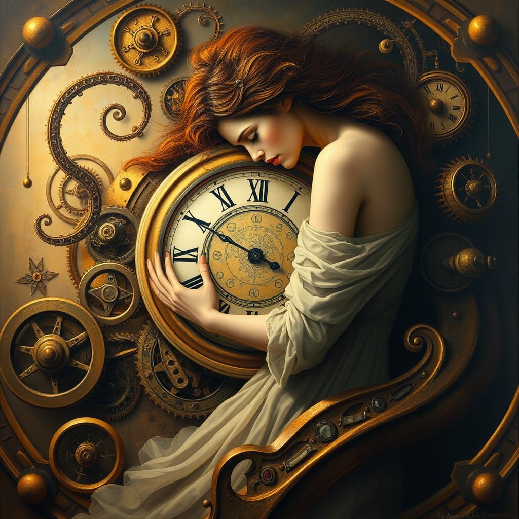 Woman Embracing Timeless Mysticism in a Dreamlike Painting