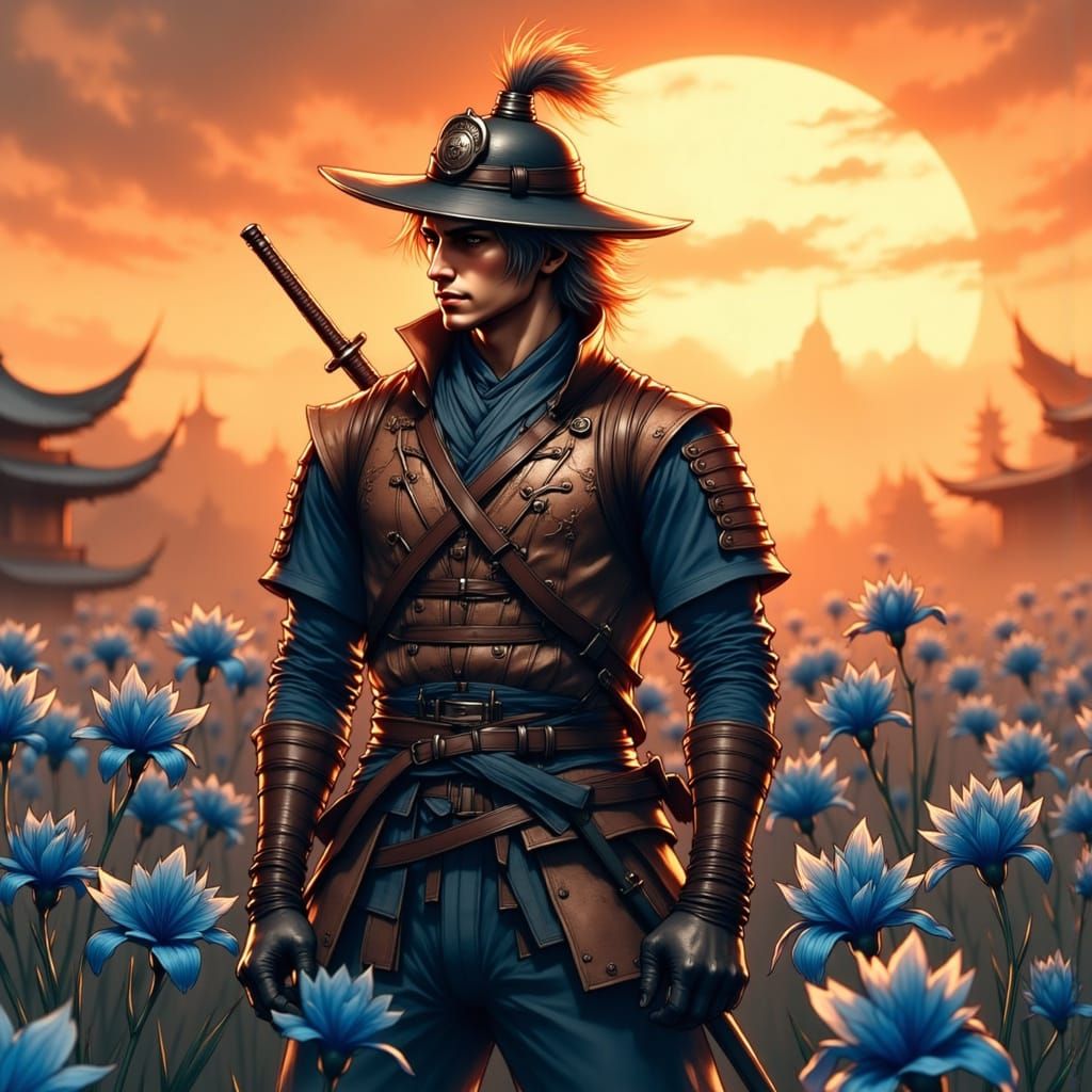 Samurai in Iris Field, Hyperrealistic Lighting