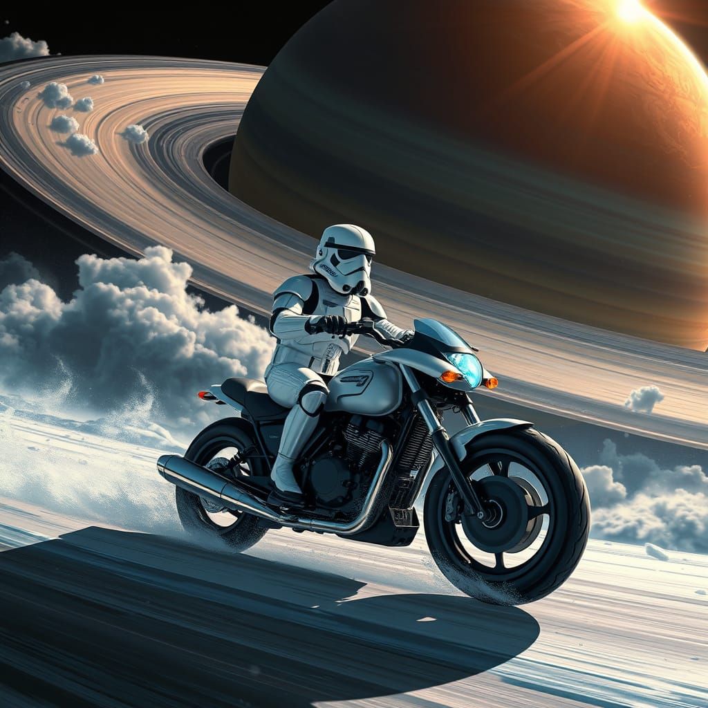 Stormtrooper Rides Motorcycle on Saturn's Rings