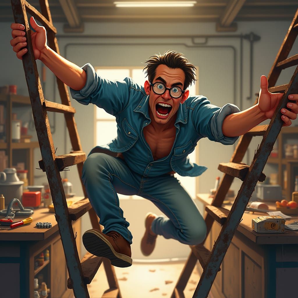 Man Falls from Broken Ladder in Workshop