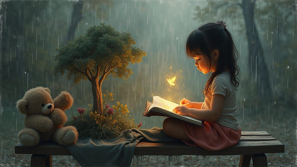 Young Girl with Pop-Up Book and Rainy Cityscape