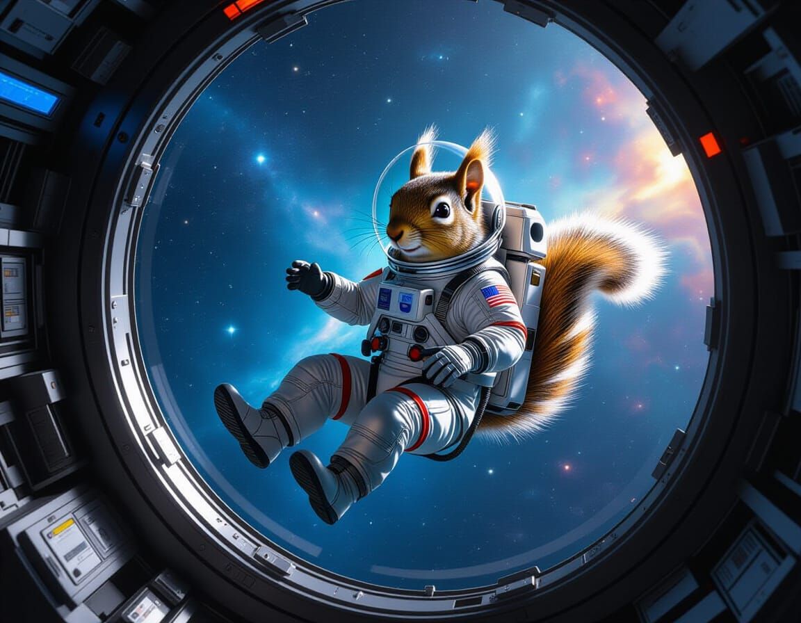 Squirrel Astronaut Floats in Starry Space: Matte Painting