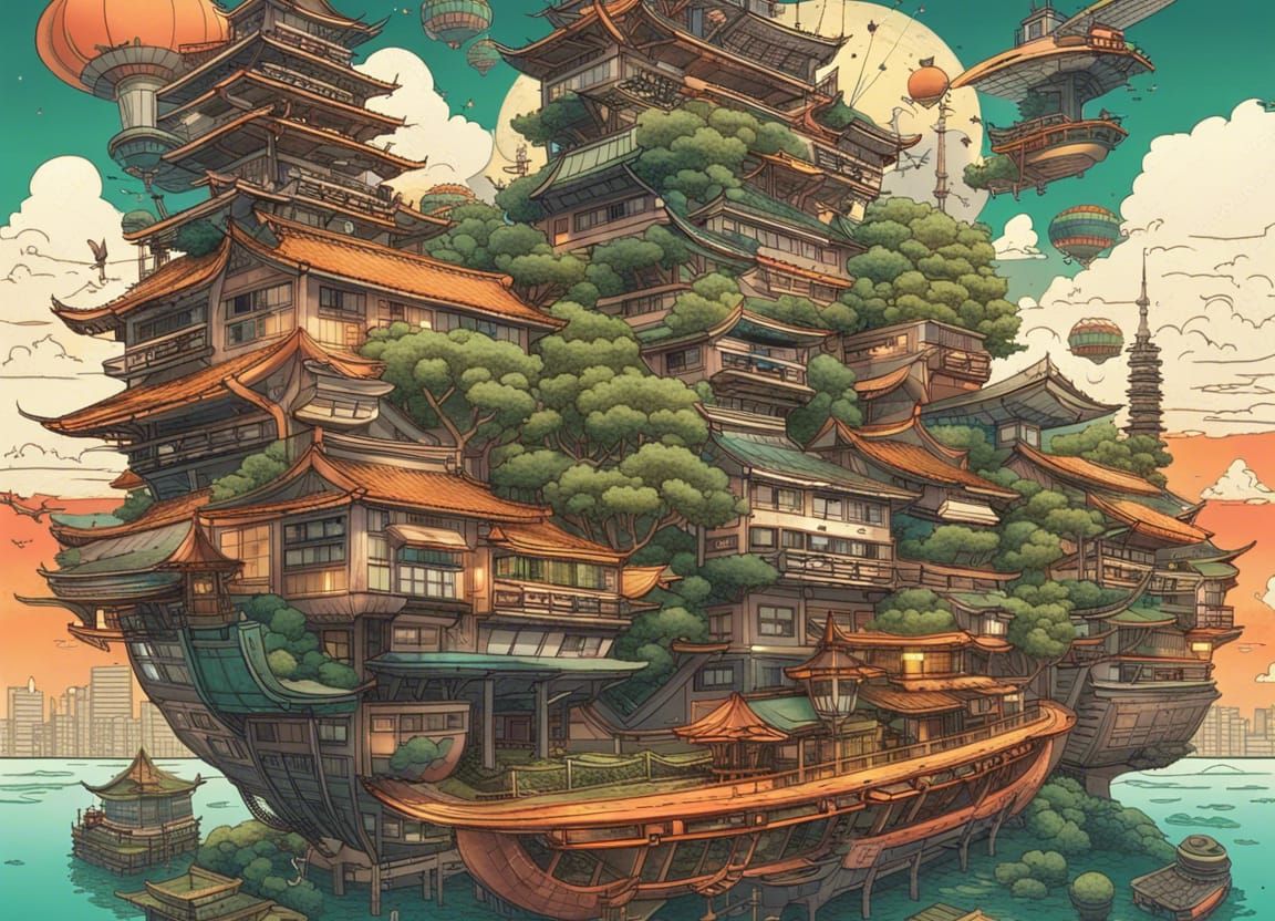 Flying Japanese Ships in Retro-Futuristic Tokyo