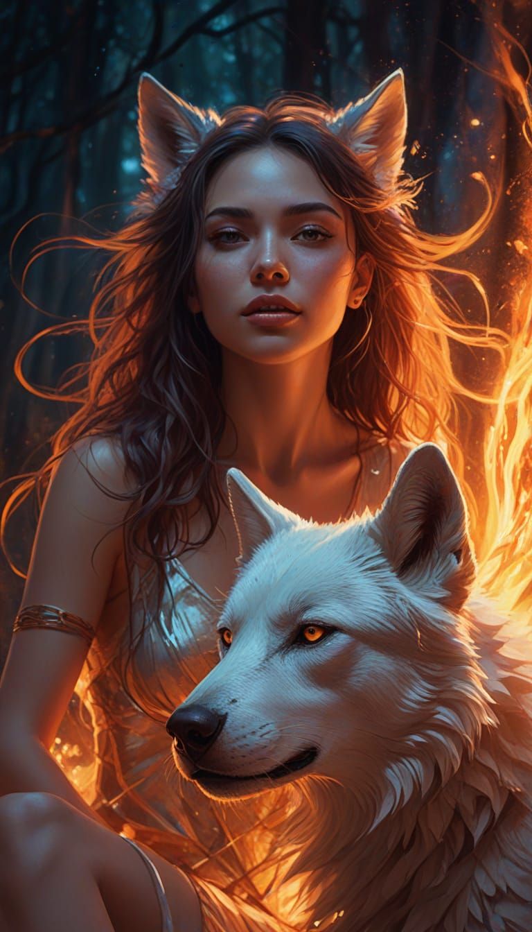 Mystic Guardian Woman and Spirit Wolf in Dreamlike Twilight