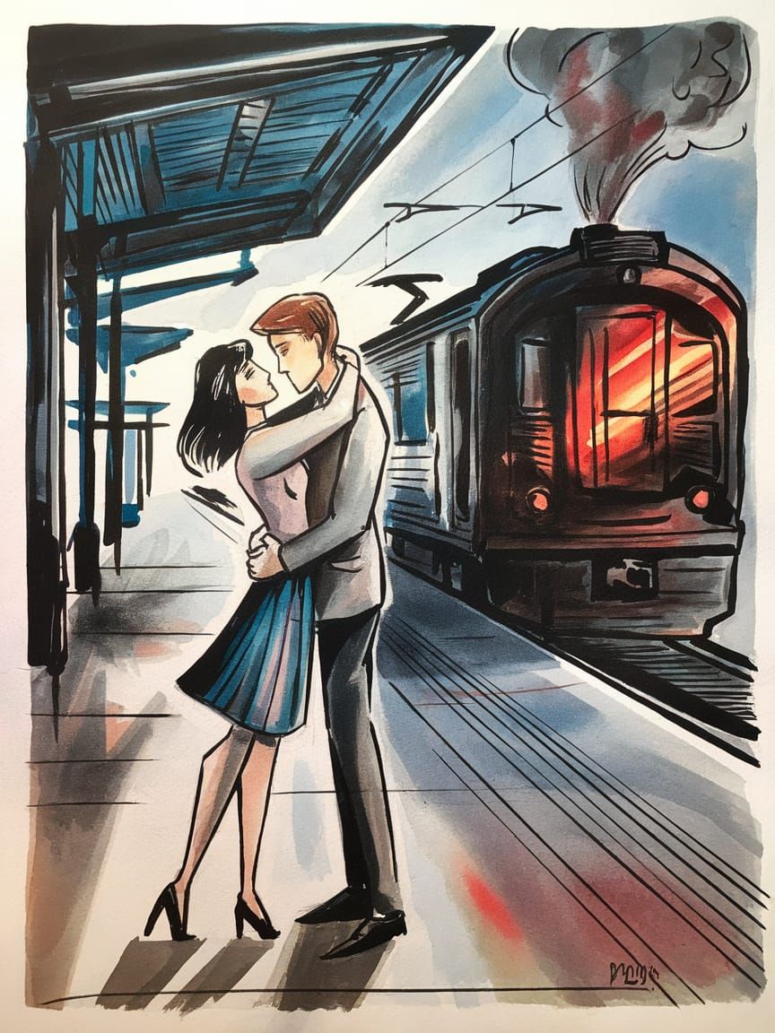Romantic Train Station Watercolor in Dramatic Hues