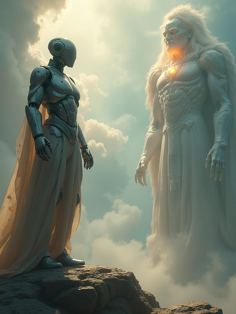 God and Robot Engage in Cosmic Conversation at Kaliyoga