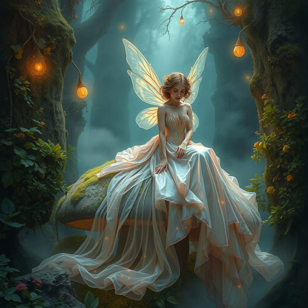Ethereal Fairy in Bioluminescent Forest, Art Nouveau Style