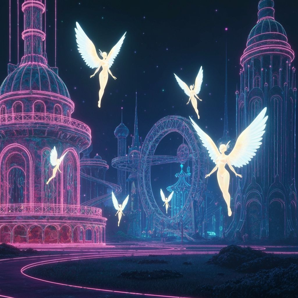 Ethereal Beings in Surreal Neon Amusement Park
