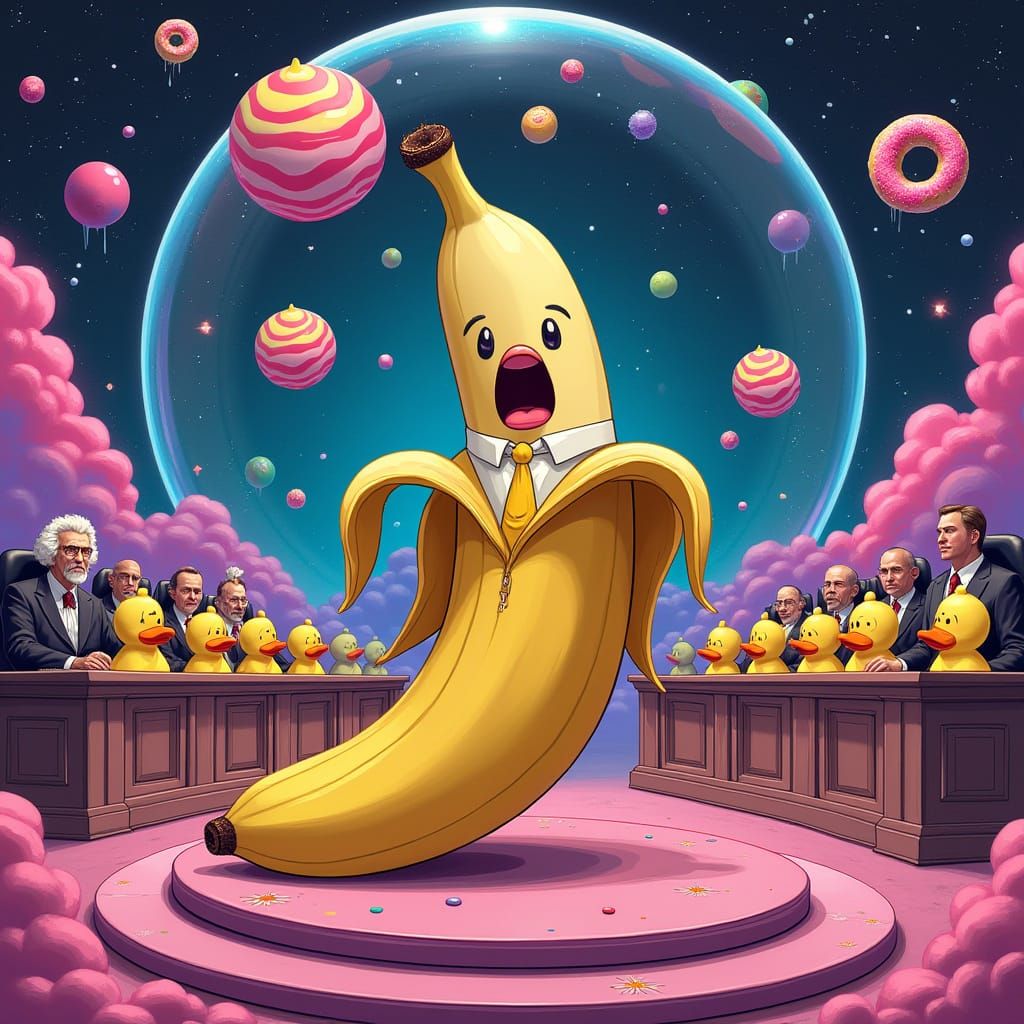 Banana on Trial in a Cyberpunk Courtroom