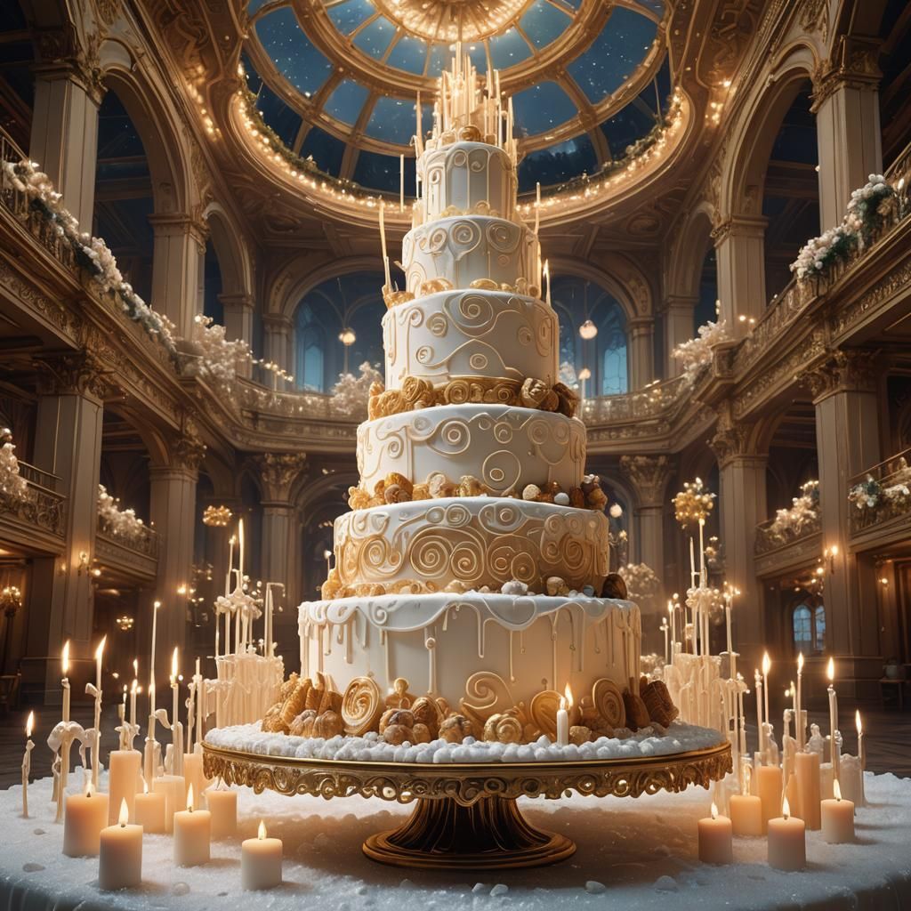 Grand Birthday Cake in Ornate Hall: Fantasy Concept Art
