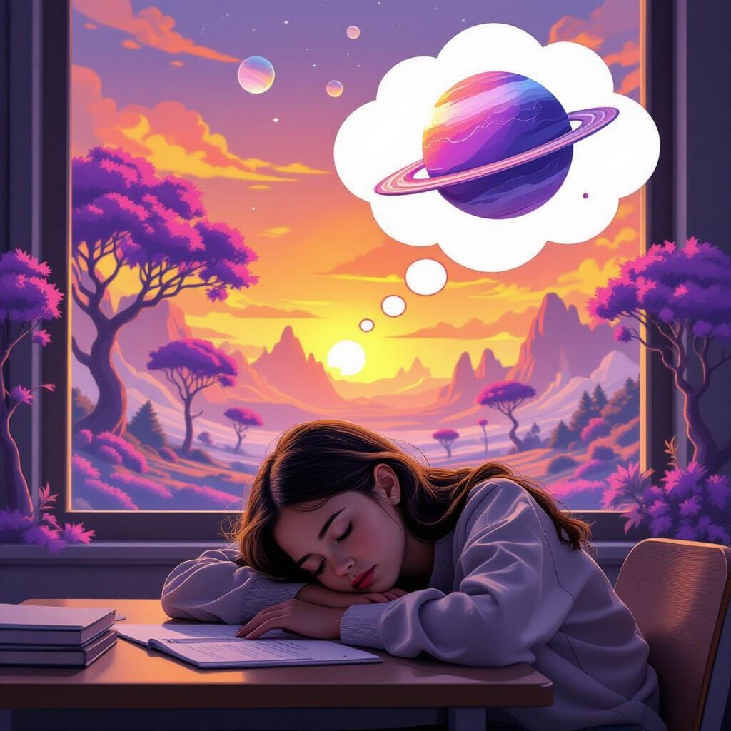 Girl Dreams of Alien Planet Above Desk