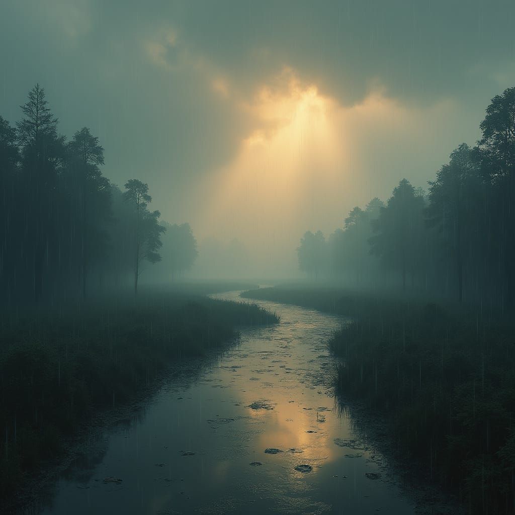 Misty Rainy Landscape in Fantasy Realism Style