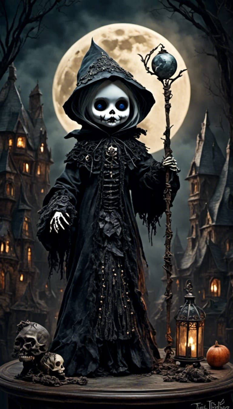 Evil Doll Under Reaper Moon: Watercolor Dark Fantasy
