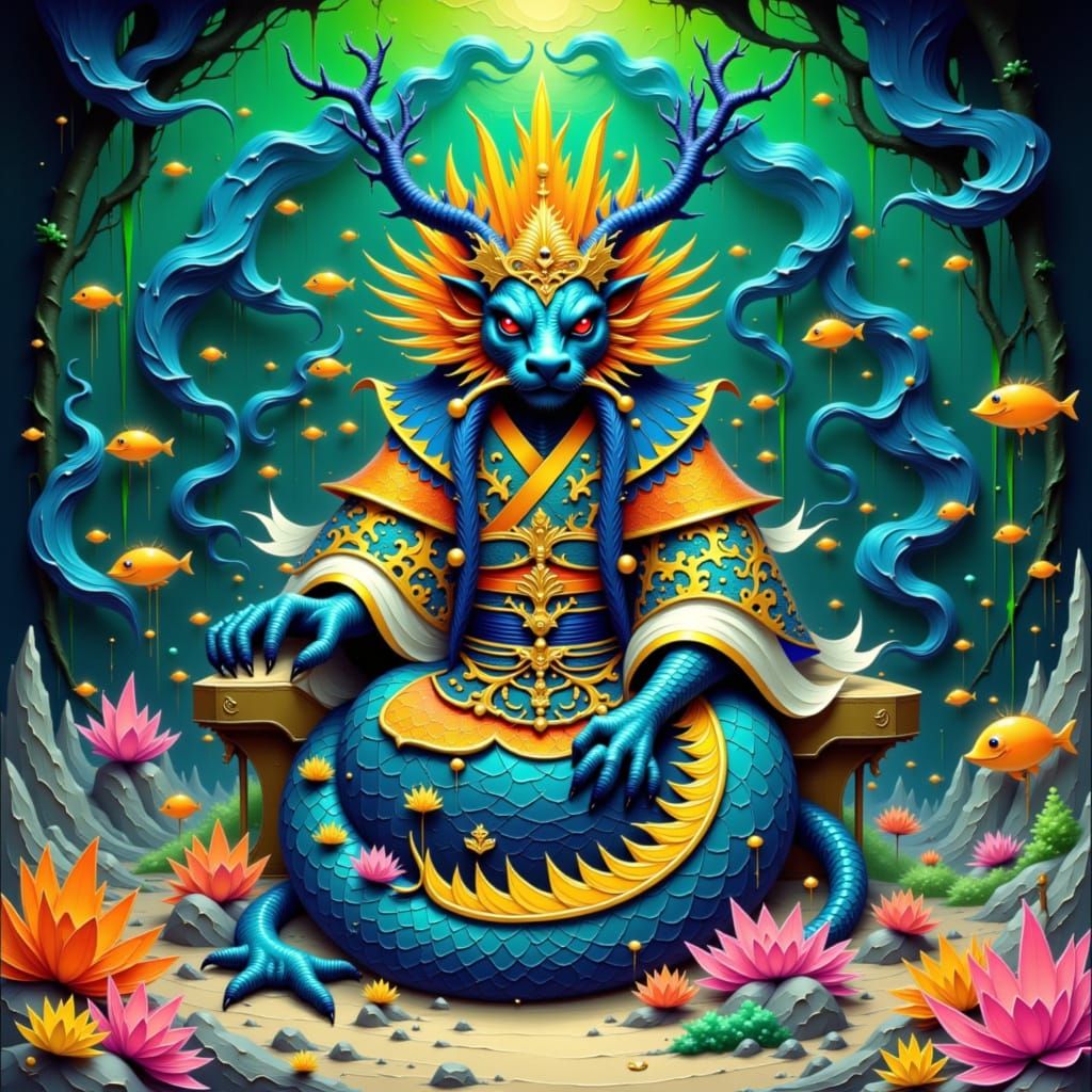 Ryujin, Dragon King, on Coral Throne in Ukiyo-e Style