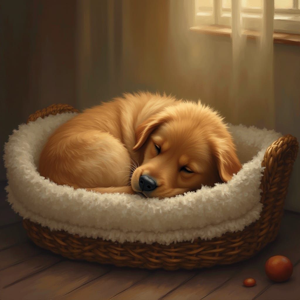 Fluffy Golden Retriever Sleeping in Woven Cot