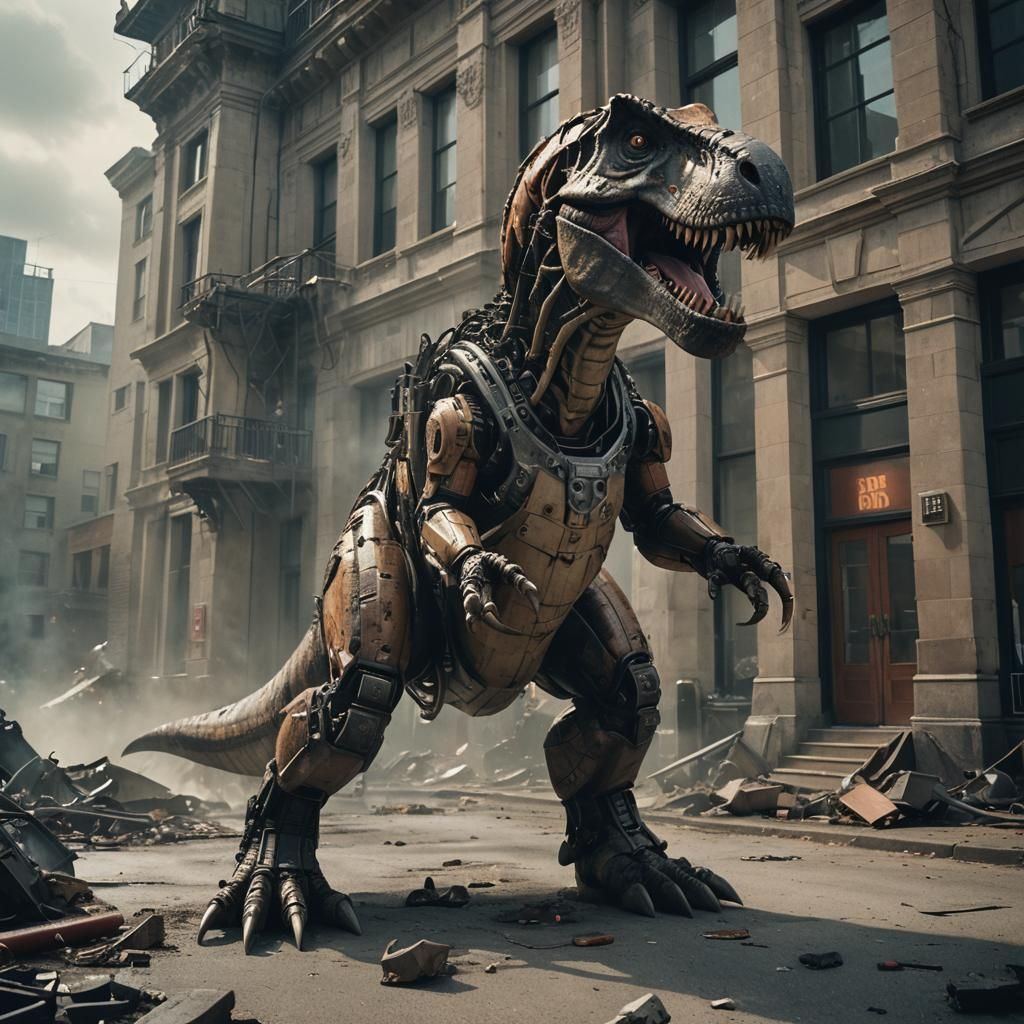 Armored T-Rex Rampage in Cyberpunk City