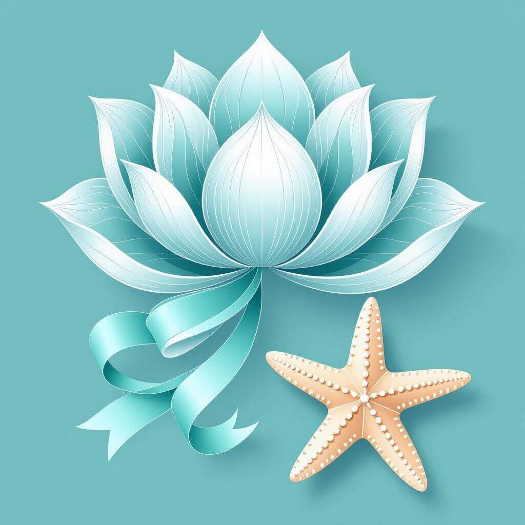Abstract Turquoise Lotus with Seashell and Starfish Vector A...
