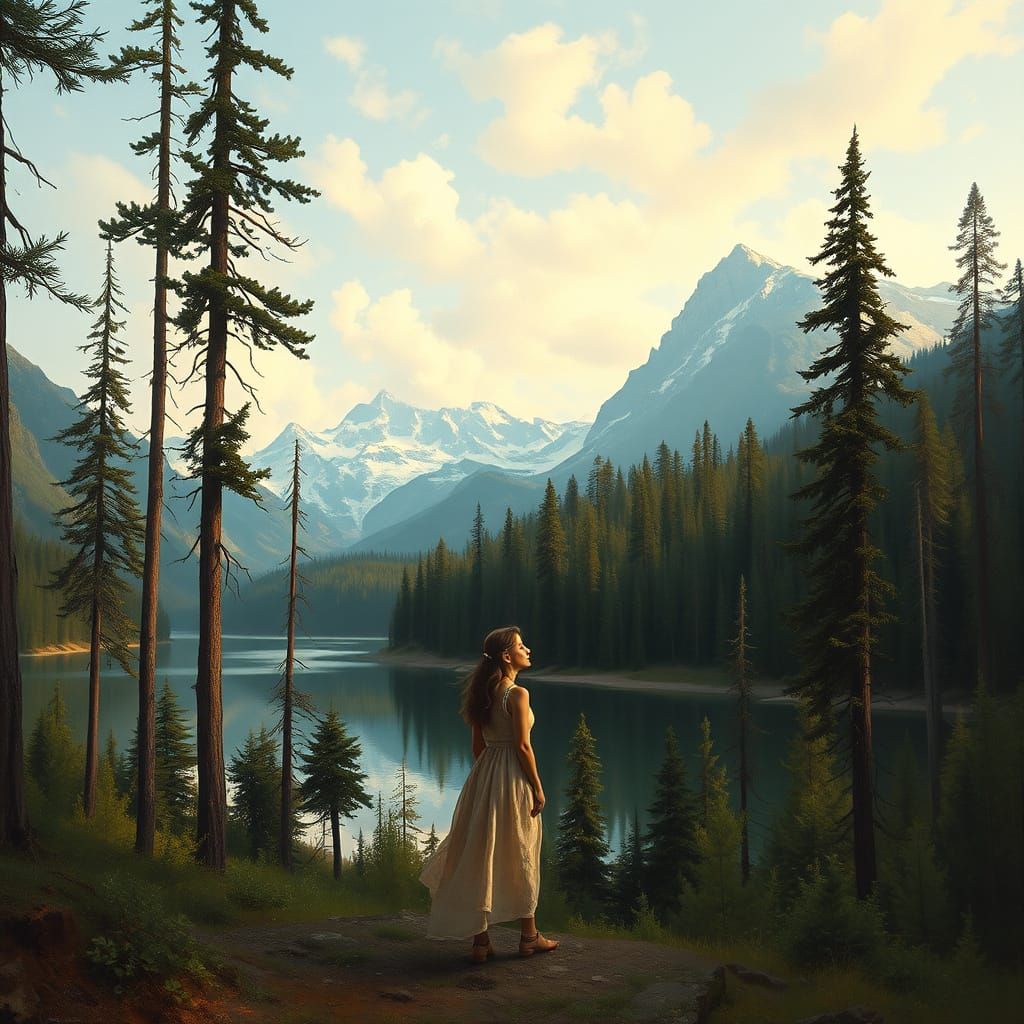 Serene Woman in Forest Landscape, Art Style