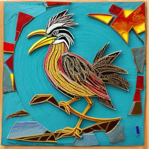 A roadrunner in the Mojave Desert. brocade mixed media mosai...