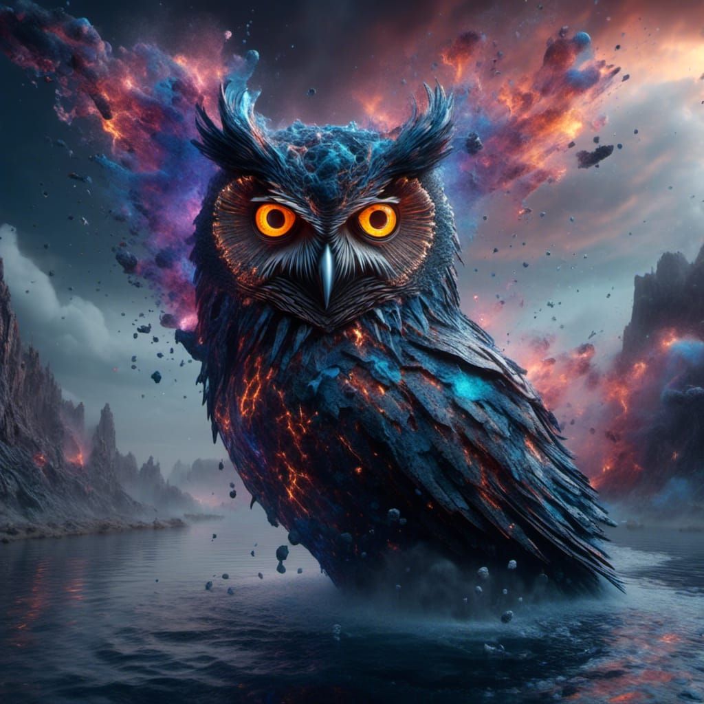 Vibrational Owl Emerges from Colorful Fluid Lake