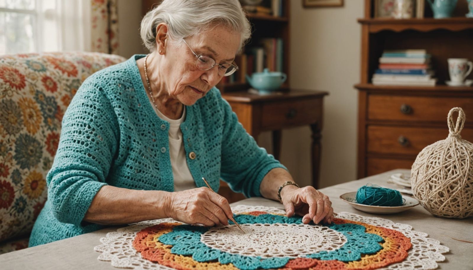 Elderly Woman Crocheting Intricate Doily in Watercolor
