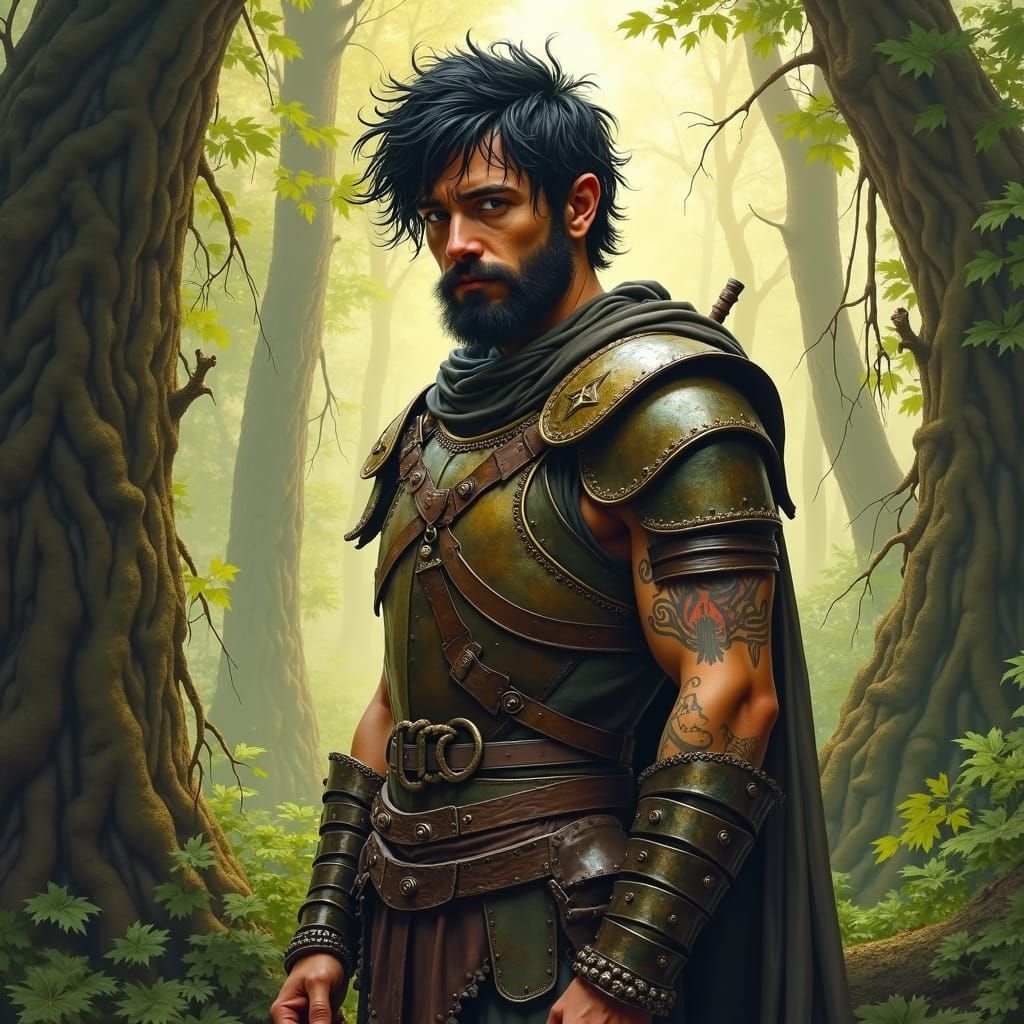 Half-Elf Warrior in Misty Forest, Oil Painting Style