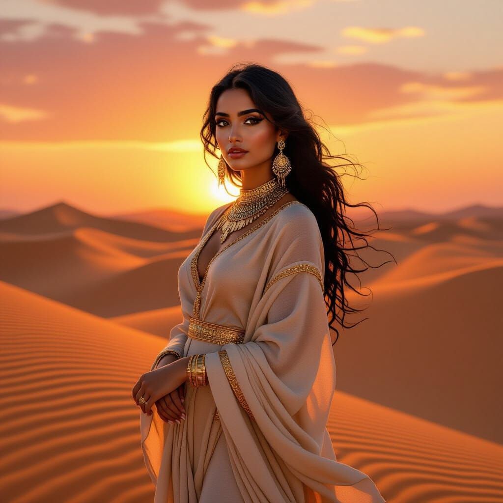 Egyptian Woman in Sand Dunes at Sunset
