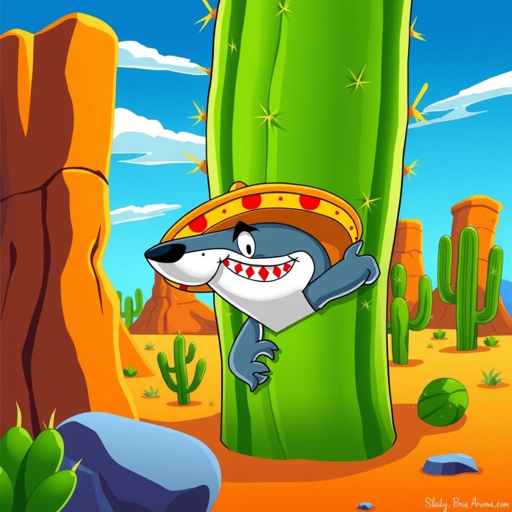 Cartoon Shark-Wolf in Sombrero Hiding Behind Cactus