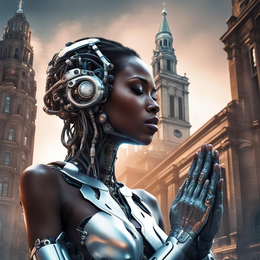 Futuristic Robotic Woman with Praying Hands, Double Exposure