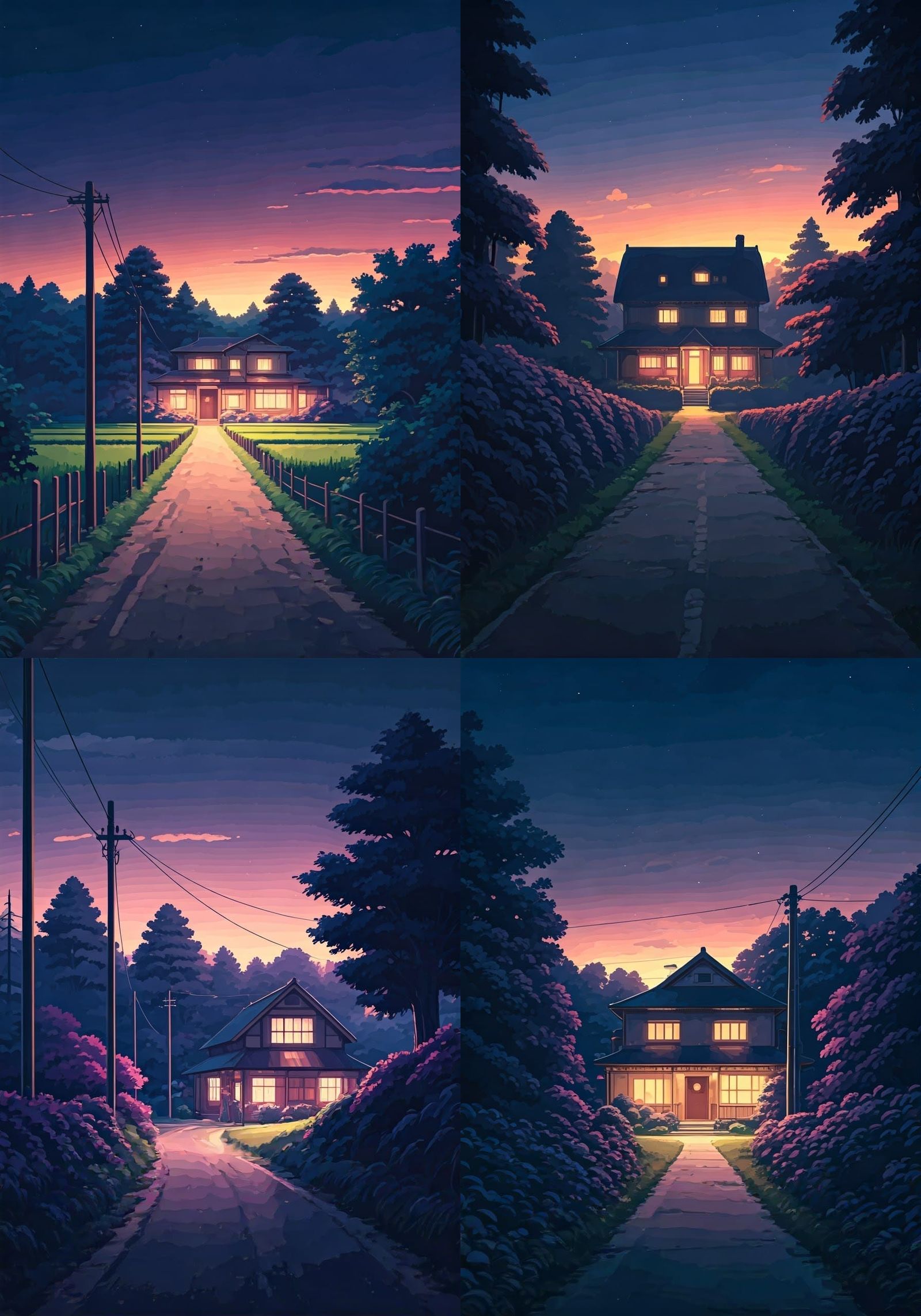 Serene Countryside Abode in Vibrant, Flat Manga Style