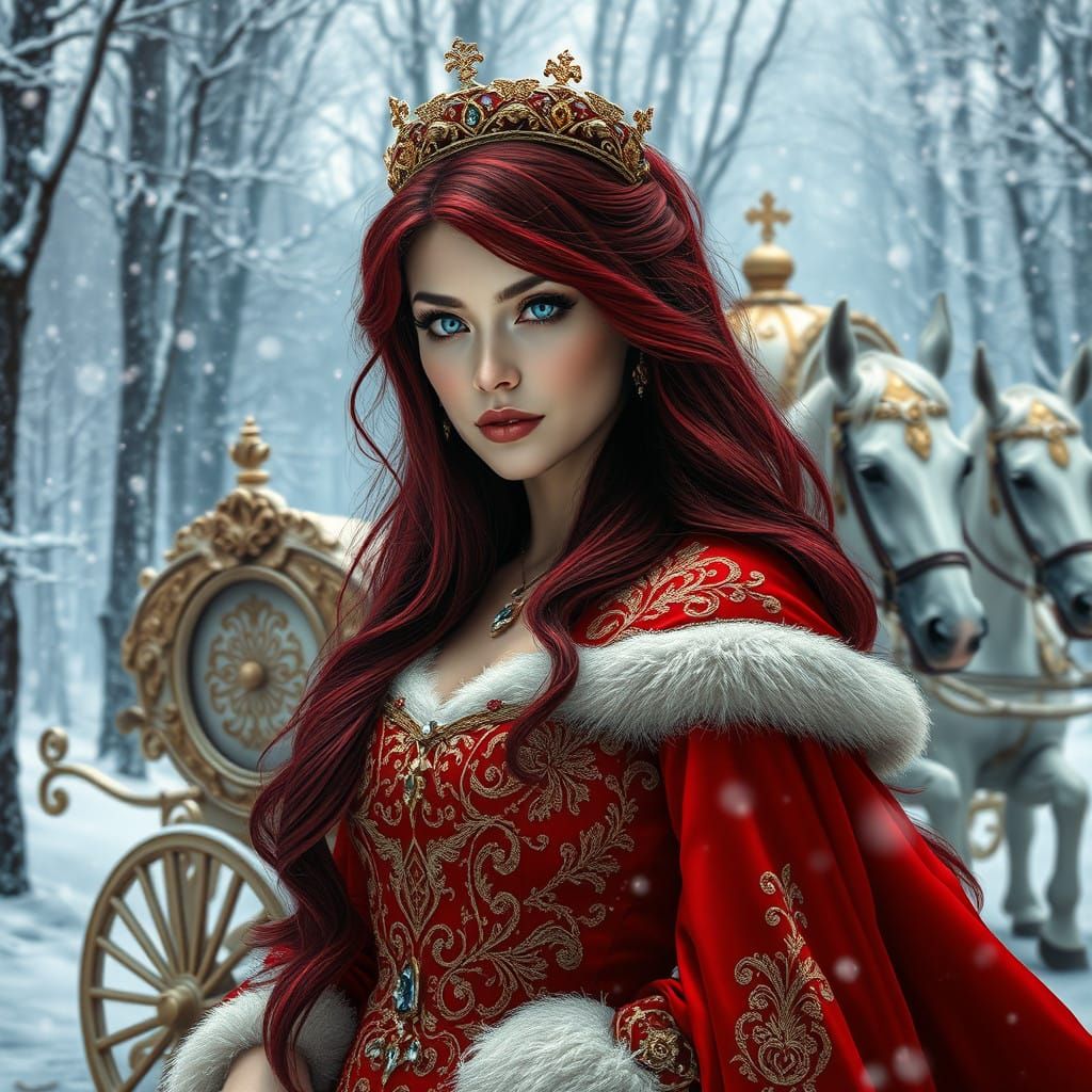 Regal Red-Haired Queen in Snowy Winter Forest