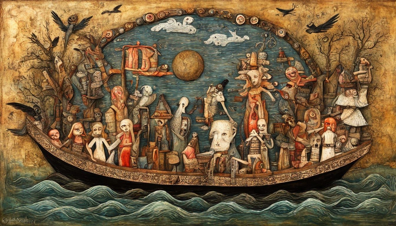 Soul Crossing the River Styx in Folk Art Style