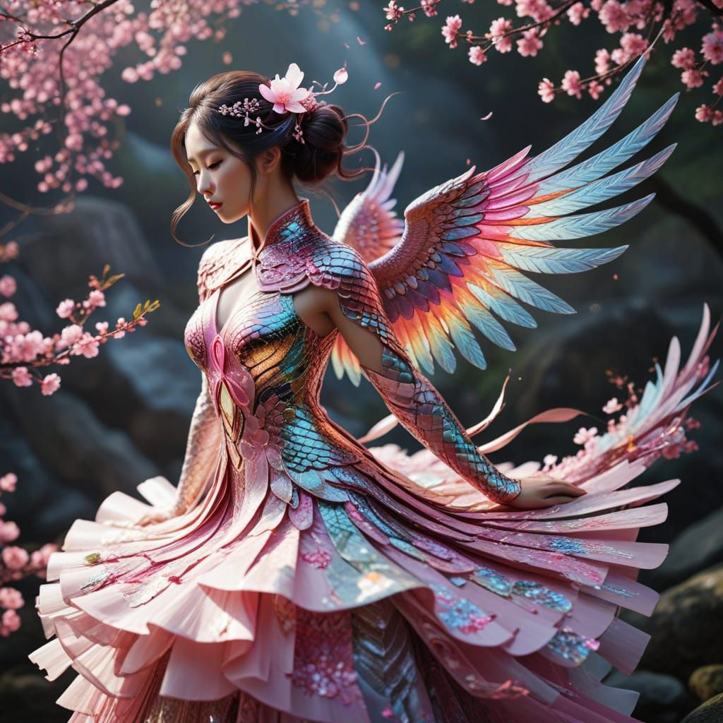 Sakura Goddess Snake Shines with Angelic Wings and Rainbow B...