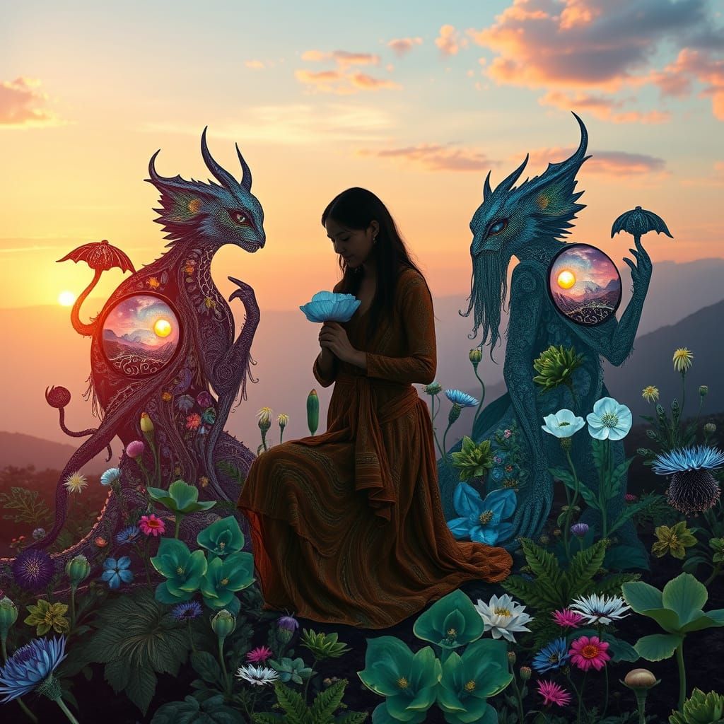 Surreal Collage of Mystical Creatures in Ethereal Dreamscape...