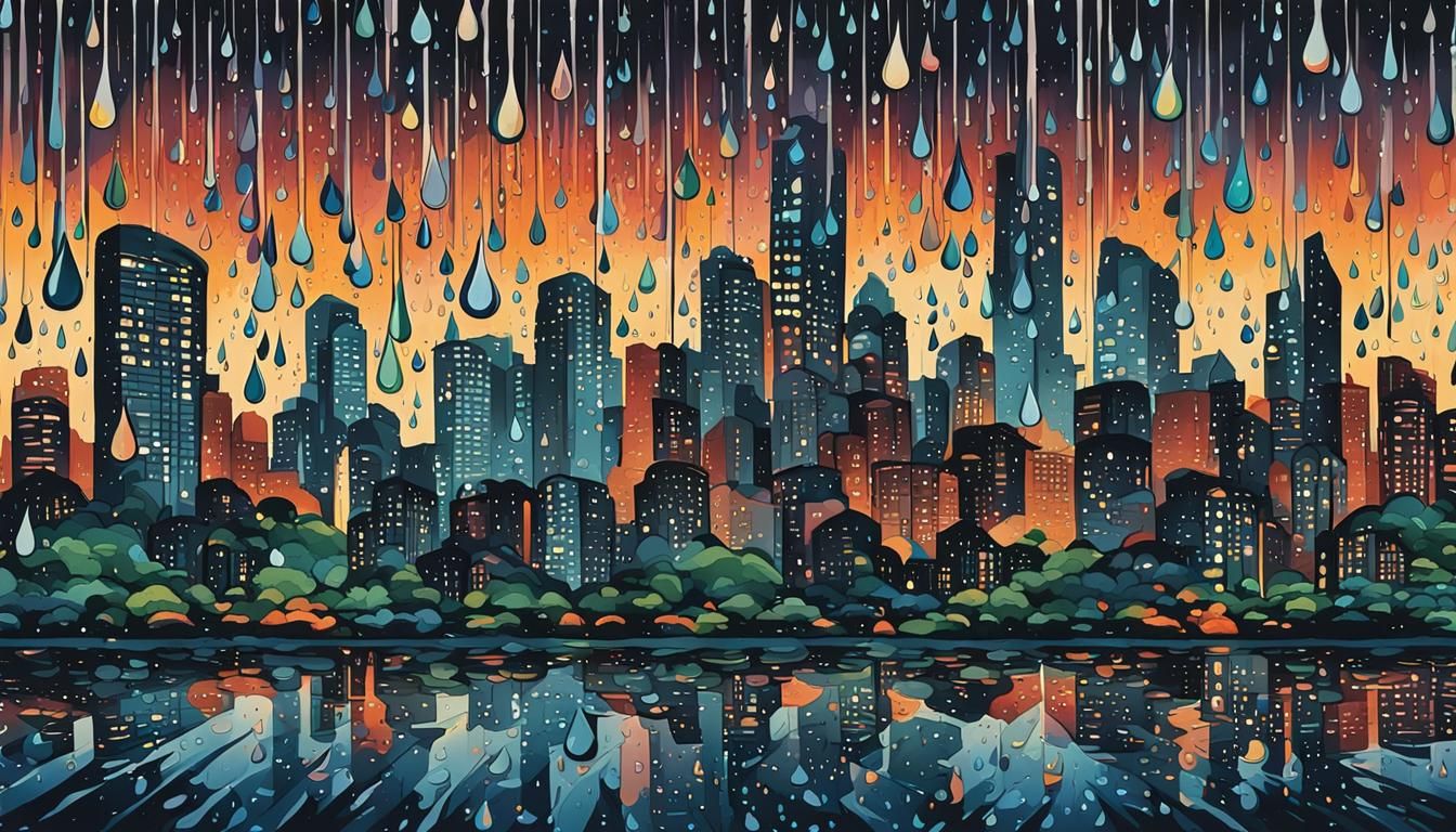 Abstract Night Cityscape Reflected in Raindrops