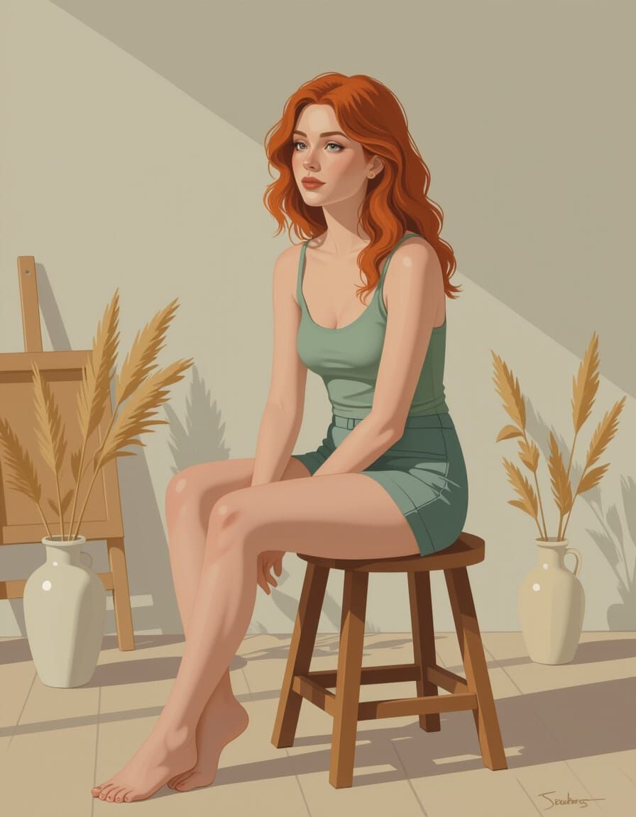 Red-Haired Woman in Studio, Painterly Realism