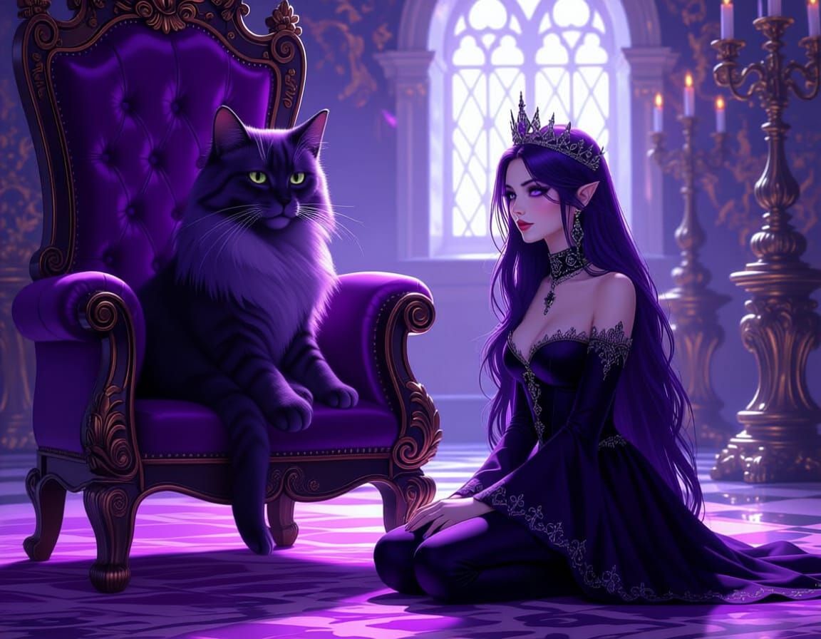 Majestic Purple Cat Rules Throne While Owner Watches