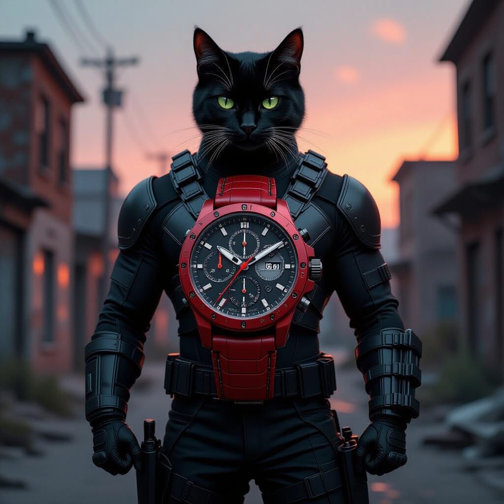 Surreal Black Cat Vigilante in Gritty Urban Dystopia