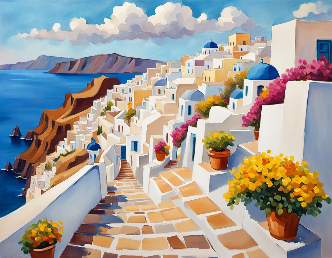 Charming Santorini Street Scene in Gouache Style