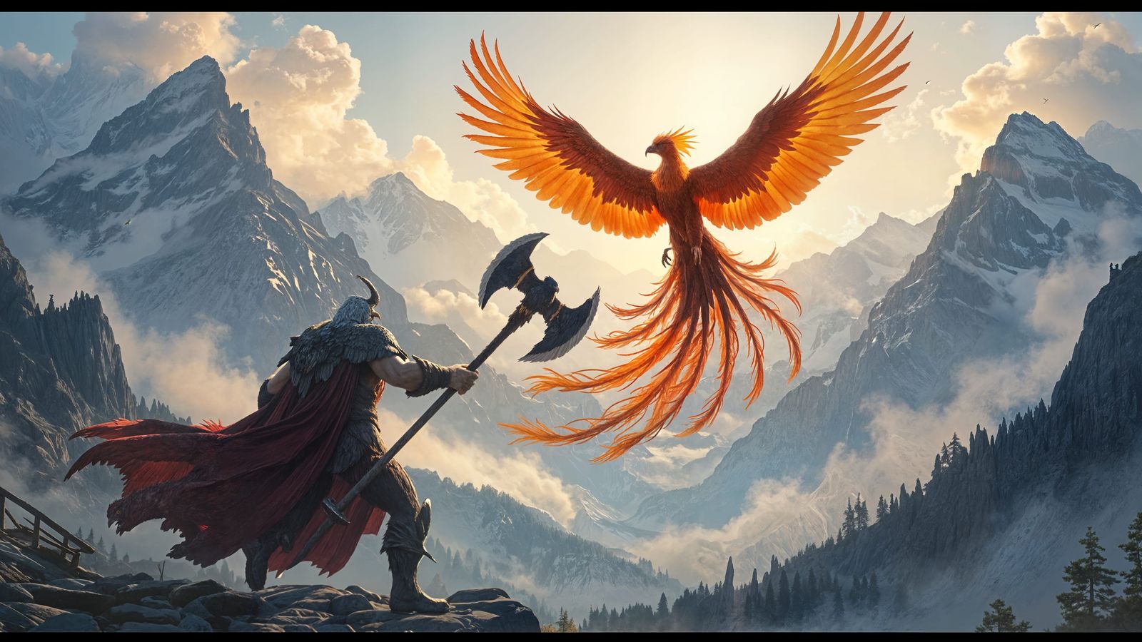 Half-Giant Hunts Fiery Phoenix Over Misty Mountains