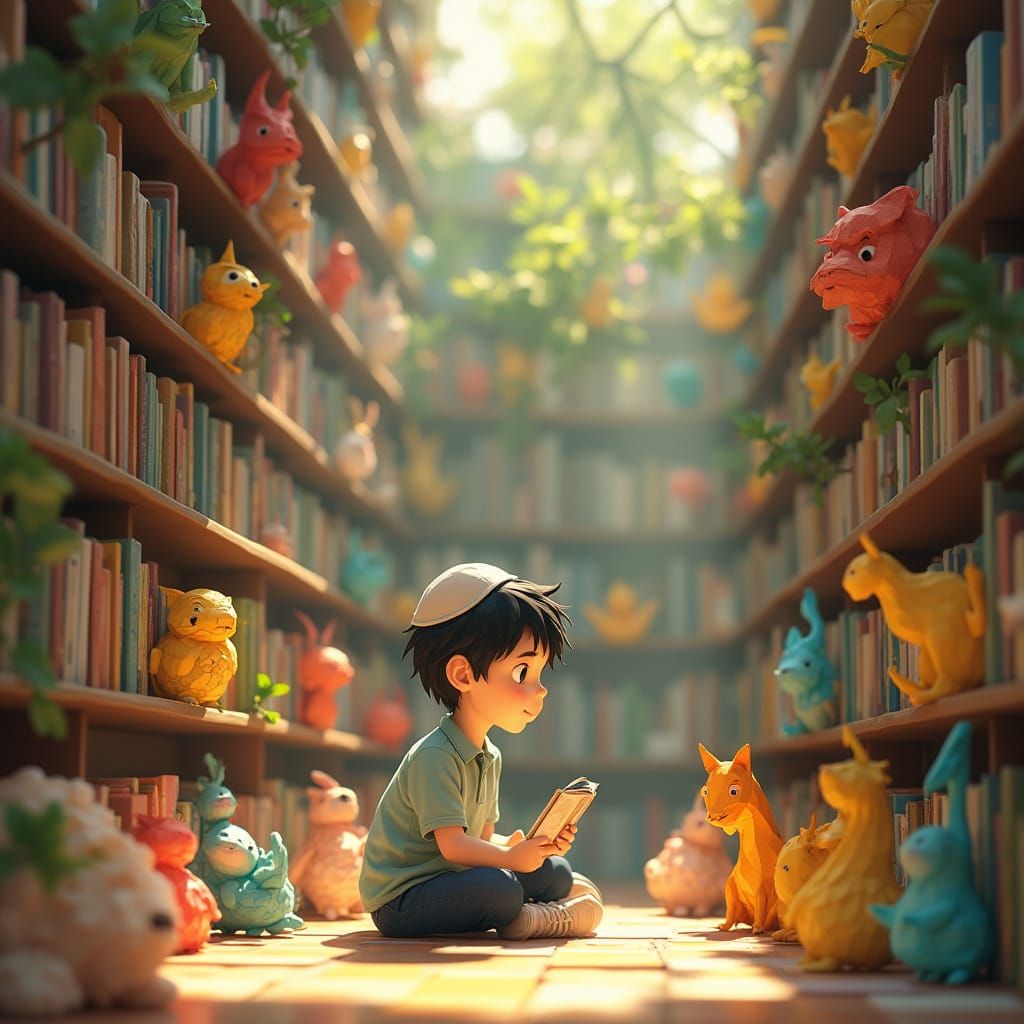 Boy in Library with Origami Creatures: Ghibli-esque Animatio...