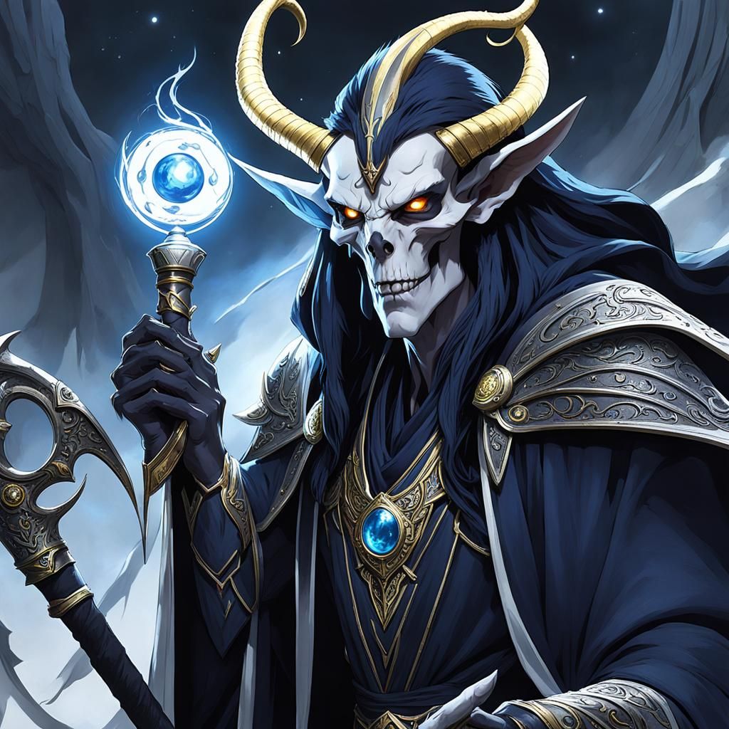 Dark Elf with Horns Holding Skeletal Staff