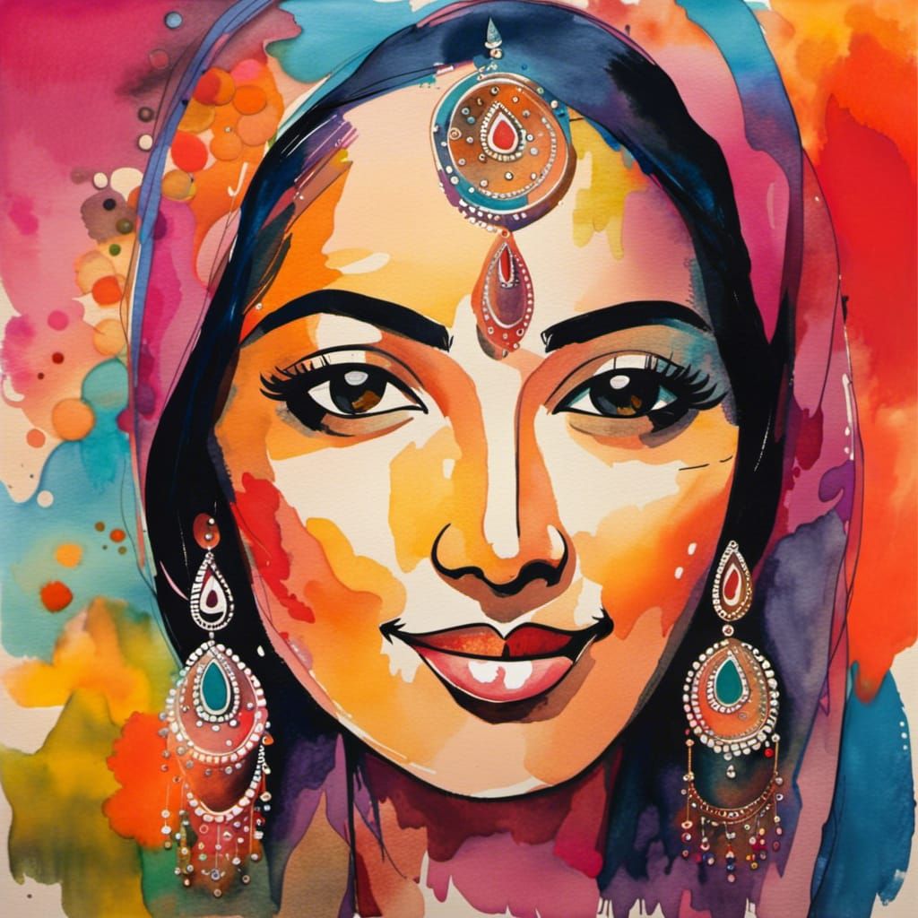 Joyful Indian Woman in Watercolor Art Brut Style