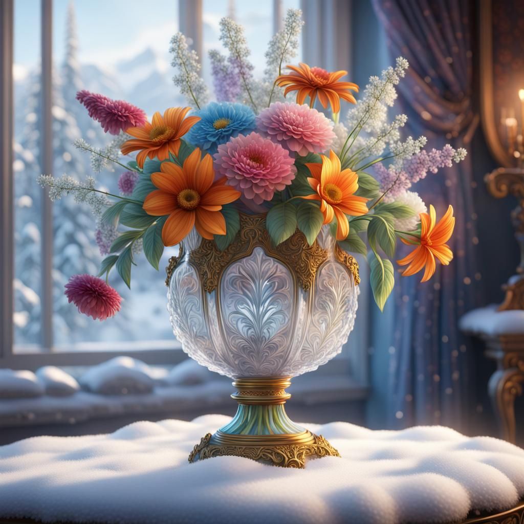 Flowers in Crystal Vase with Volumetric Lighting